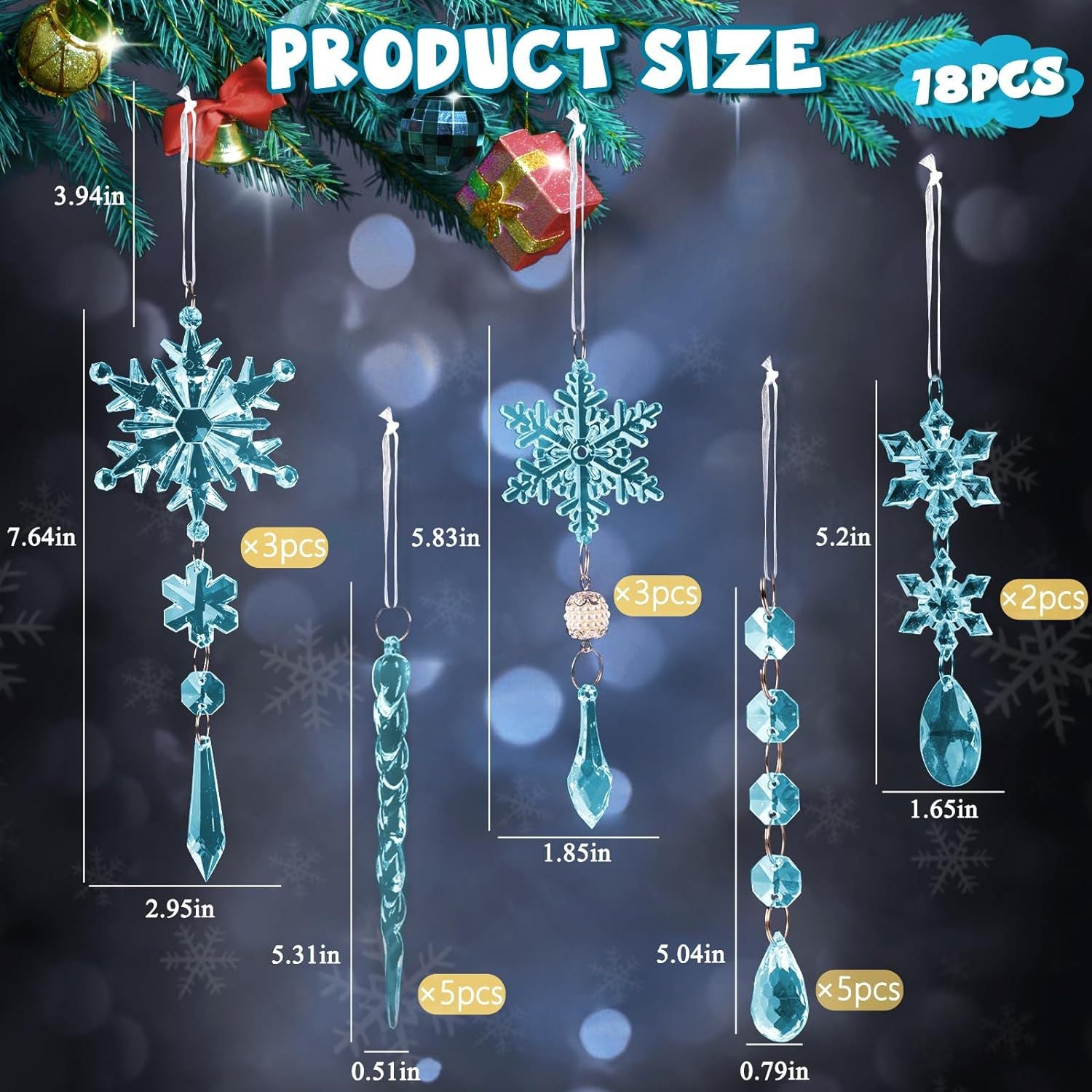 18 Pieces Light Blue Acrylic Snowflakes Icicle Christmas Tree Decoration Pendant