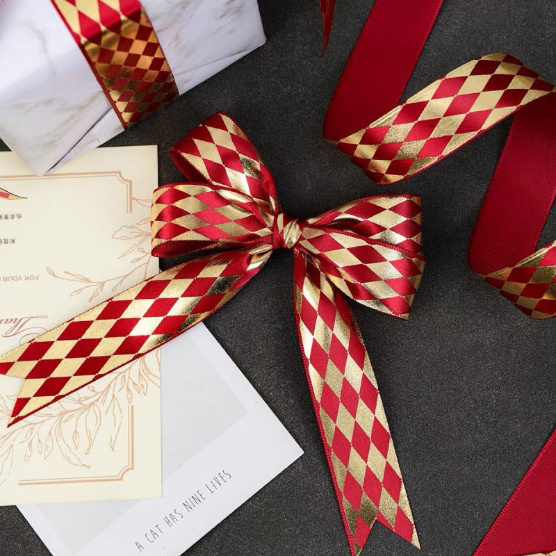 Red Bronzing Diamond Plaid Satin Baking Bow Ribbon
