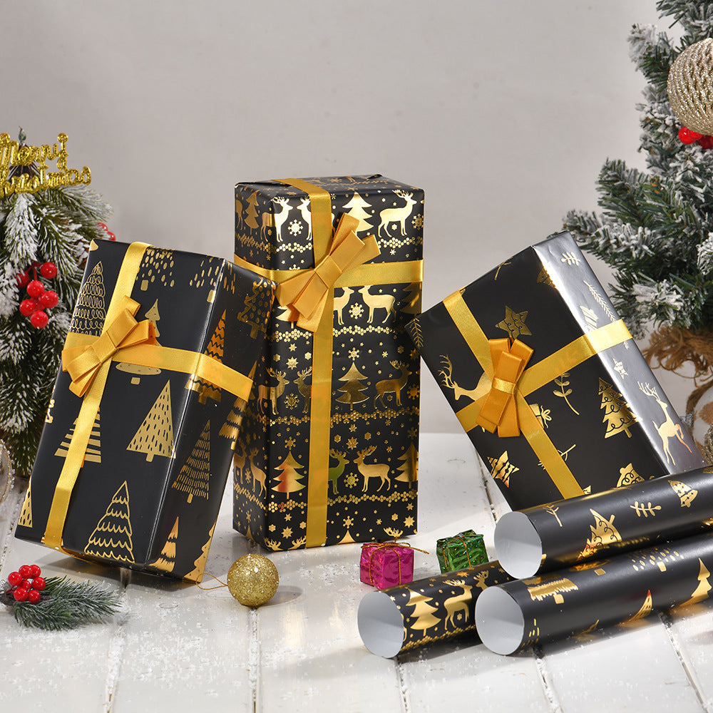 Vintage Black Gold Elk Snowflake Christmas Tree Wrapping Paper