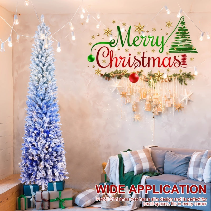 Pencil Christmas Tree Snow Flocked Hinged Tree With Gradient Blue Leaves And LED Lights - Space Saving Slim Profile