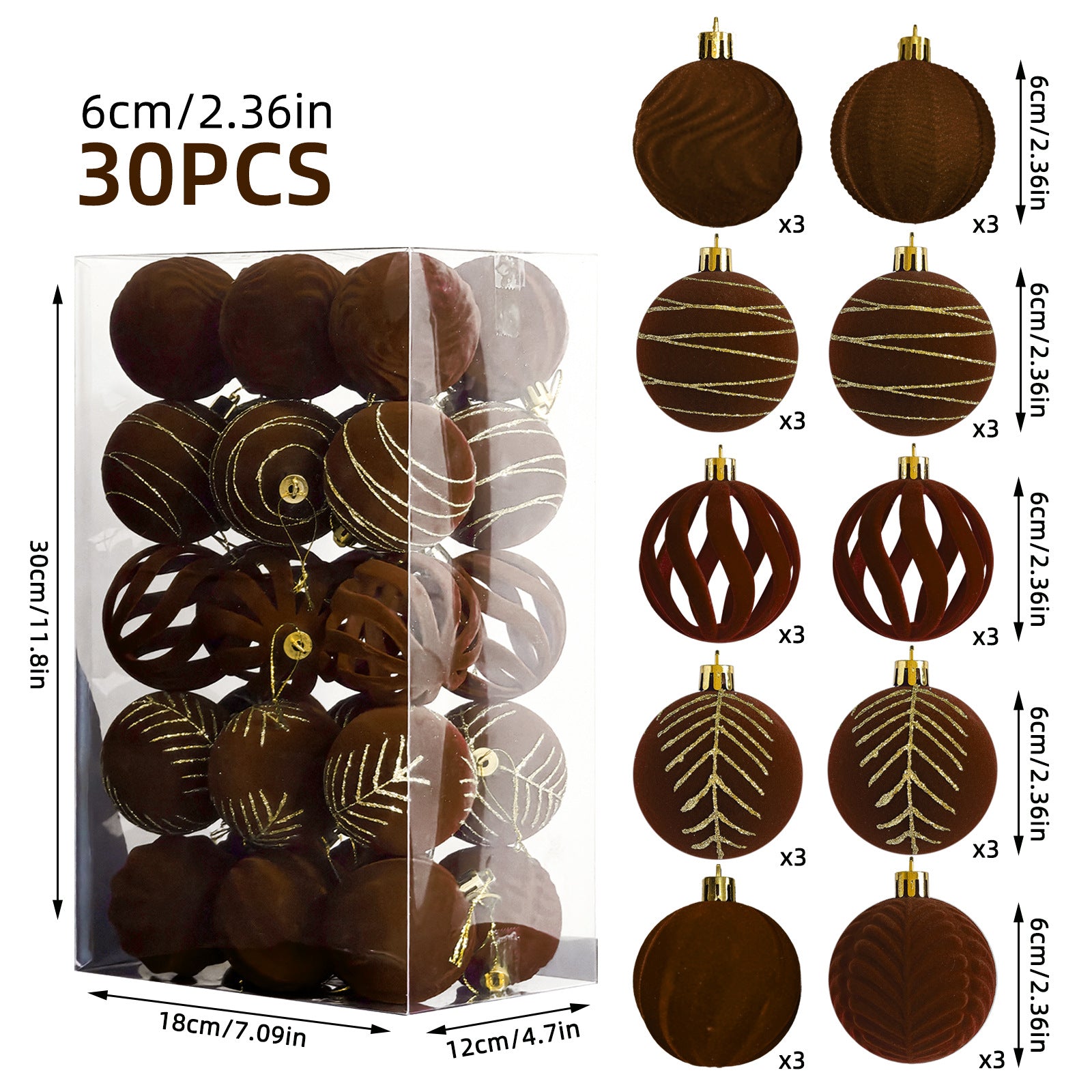 30 Velvet Christmas Ball Ornaments in Dark Blue Dark Red Dark Green Brown