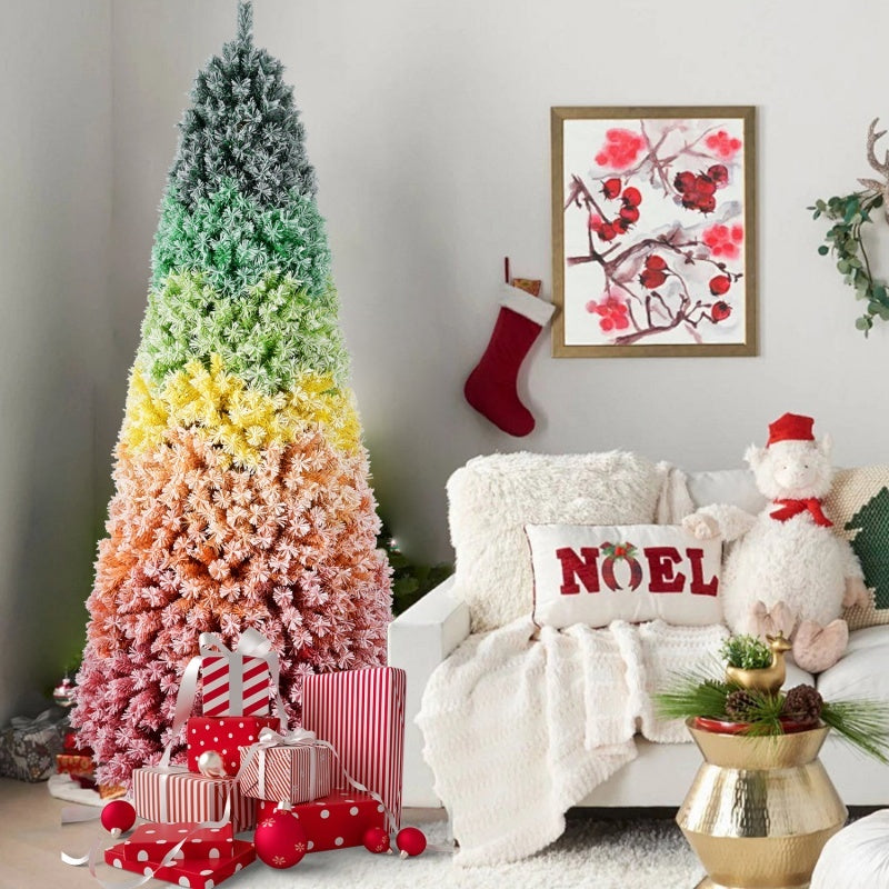 6FT 7.5FT Artificial Unlit Colorful Rainbow Hinged Christmas Tree, WITH PVC Branch Tips