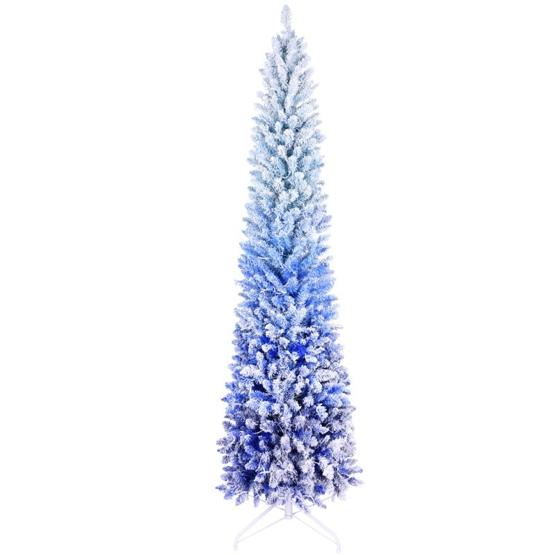 Pencil Christmas Tree Snow Flocked Hinged Tree With Gradient Blue Leaves And LED Lights - Space Saving Slim Profile
