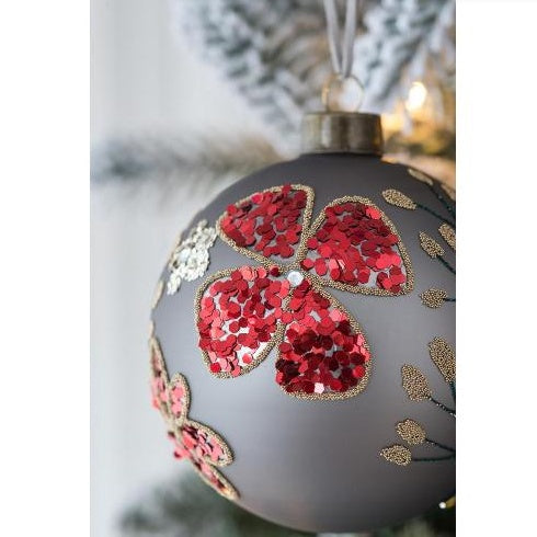 Grey and Red Petal Shamrock Christmas Ball Ornaments, Glass Decorative Hanging Ball Christmas Tree Ornaments For Holiday Party Decorations, Set Of 4