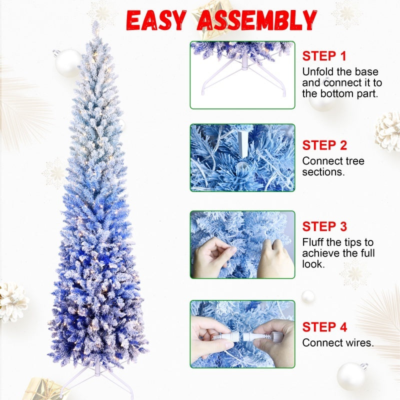 Pencil Christmas Tree Snow Flocked Hinged Tree With Gradient Blue Leaves And LED Lights - Space Saving Slim Profile
