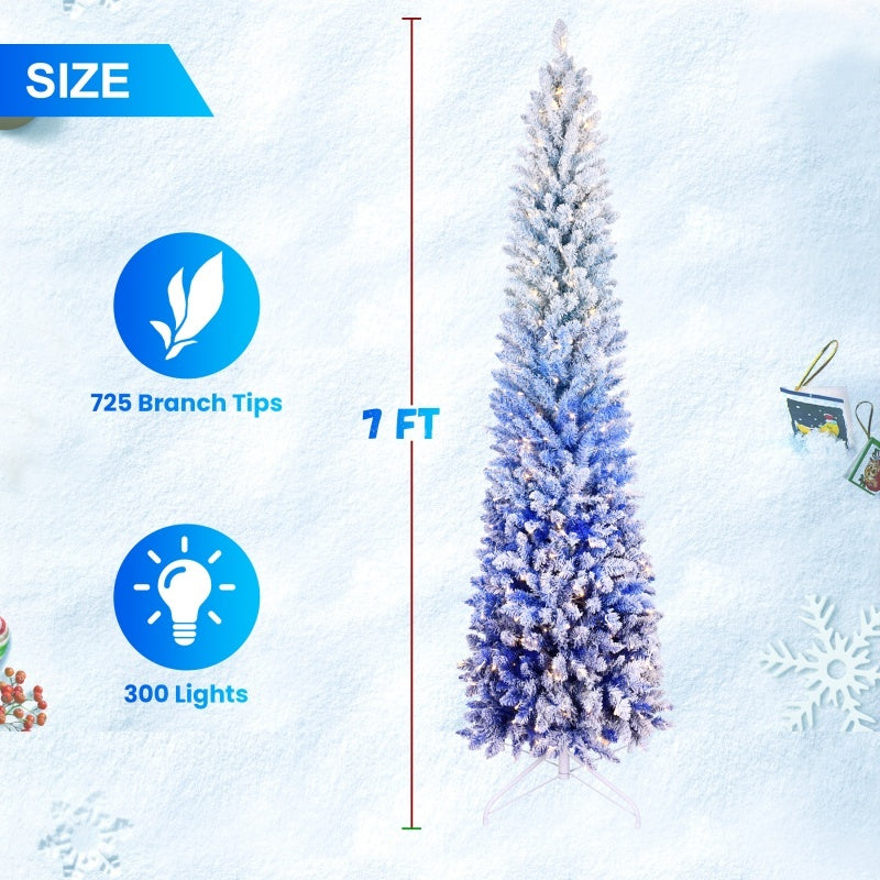 Pencil Christmas Tree Snow Flocked Hinged Tree With Gradient Blue Leaves And LED Lights - Space Saving Slim Profile