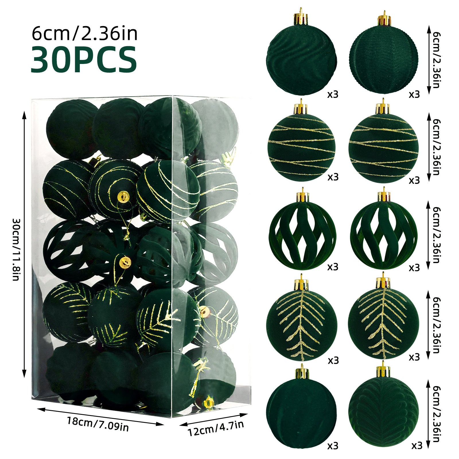 30 Velvet Christmas Ball Ornaments in Dark Blue Dark Red Dark Green Brown