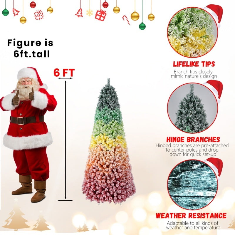 6FT 7.5FT Artificial Unlit Colorful Rainbow Hinged Christmas Tree, WITH PVC Branch Tips