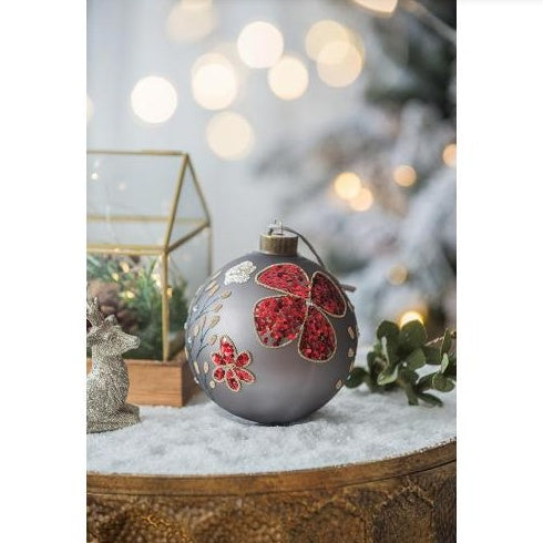 Grey and Red Petal Shamrock Christmas Ball Ornaments, Glass Decorative Hanging Ball Christmas Tree Ornaments For Holiday Party Decorations, Set Of 4