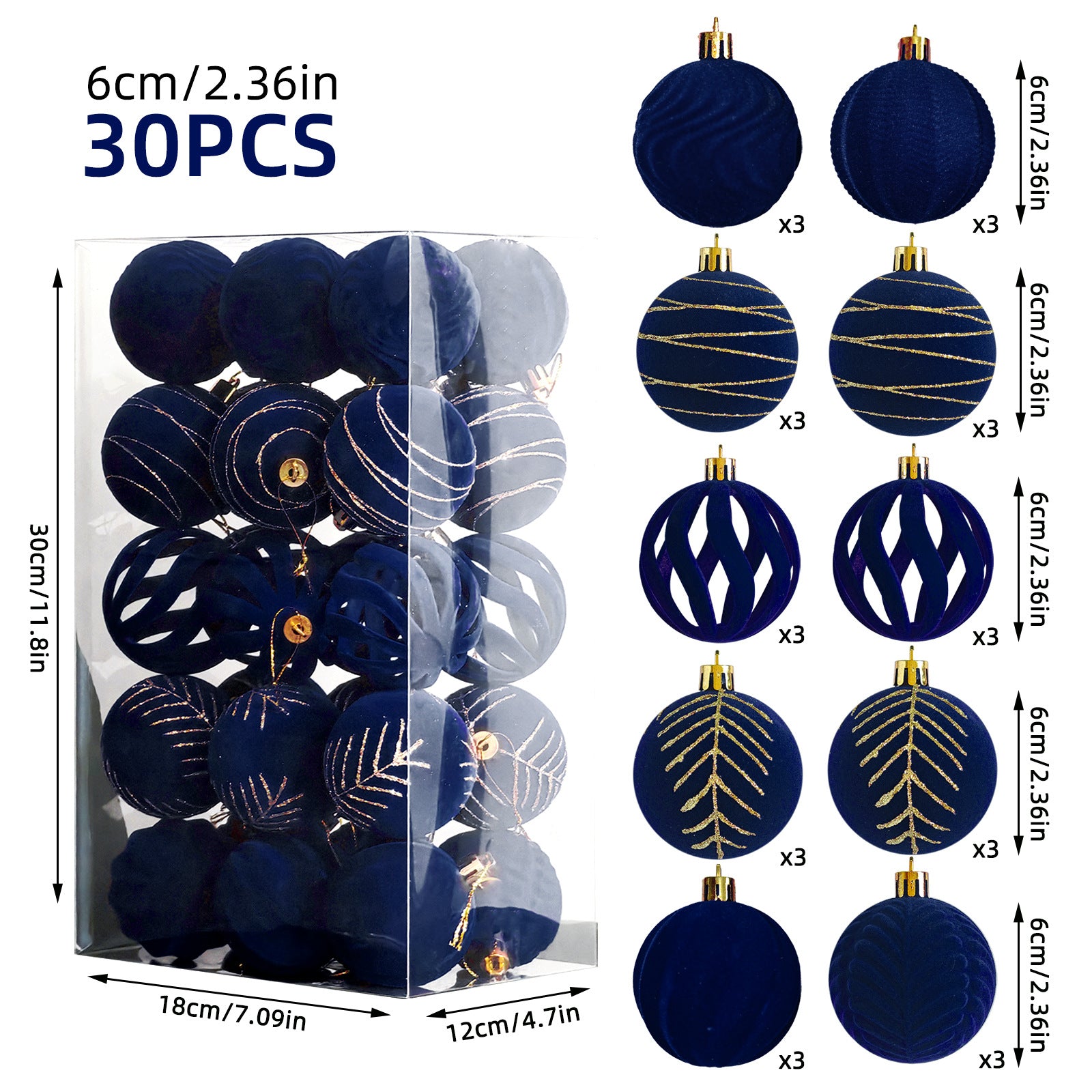 30 Velvet Christmas Ball Ornaments in Dark Blue Dark Red Dark Green Brown