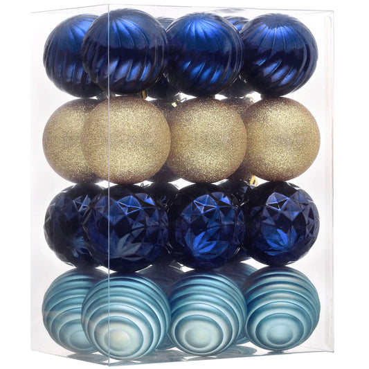 Valery Madelyn Christmas Ornaments Tree Decorations Set 24ct Blue Gold Shatterproof Ball Ornaments 2.36" Hanging Ornament Bulk for Valentines Mardi Gras St. Patricks Day Holiday Party Decor
