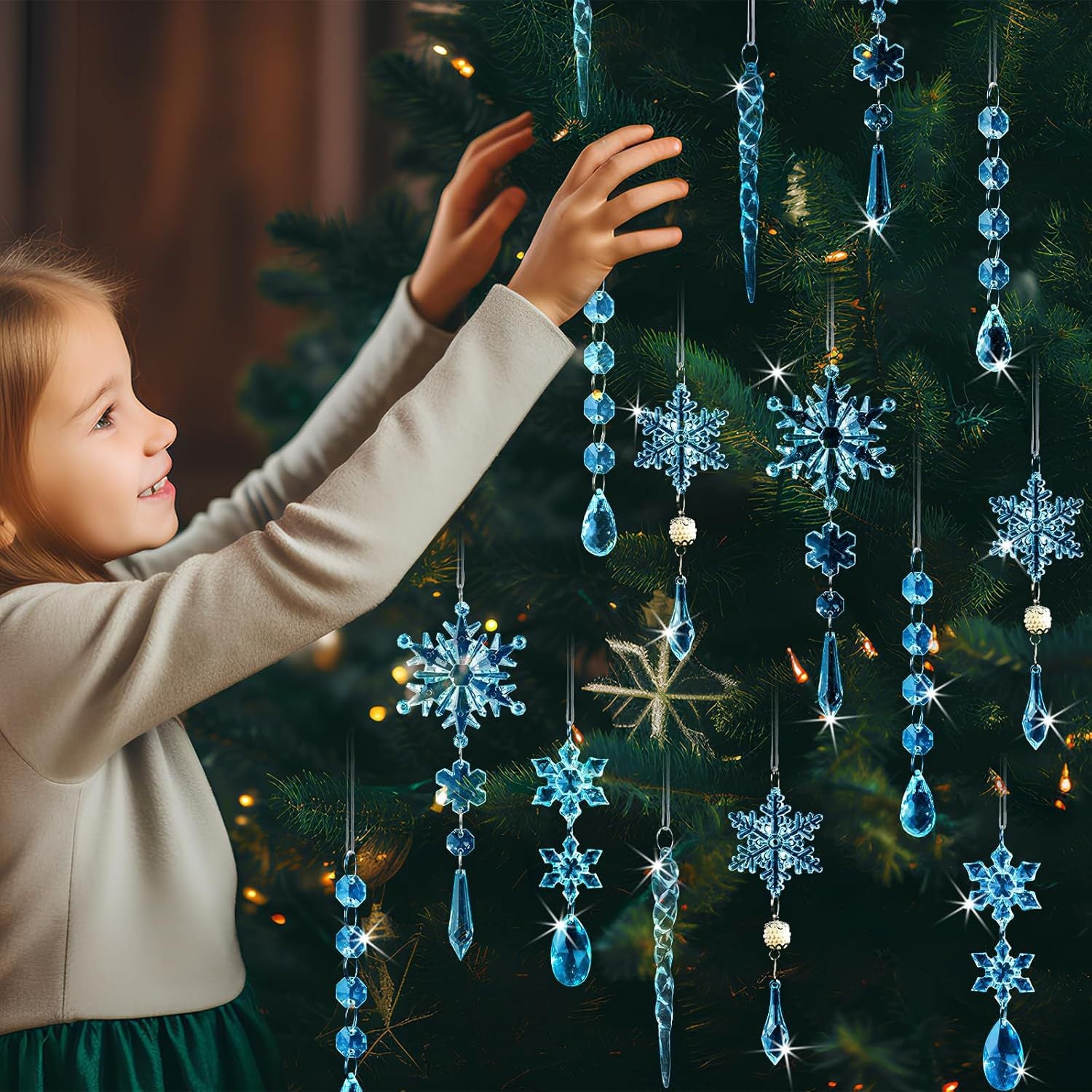 18 Pieces Light Blue Acrylic Snowflakes Icicle Christmas Tree Decoration Pendant