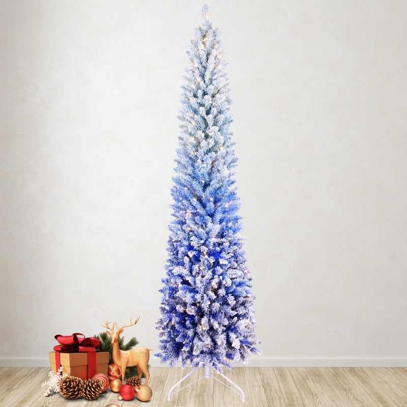 Pencil Christmas Tree Snow Flocked Hinged Tree With Gradient Blue Leaves And LED Lights - Space Saving Slim Profile